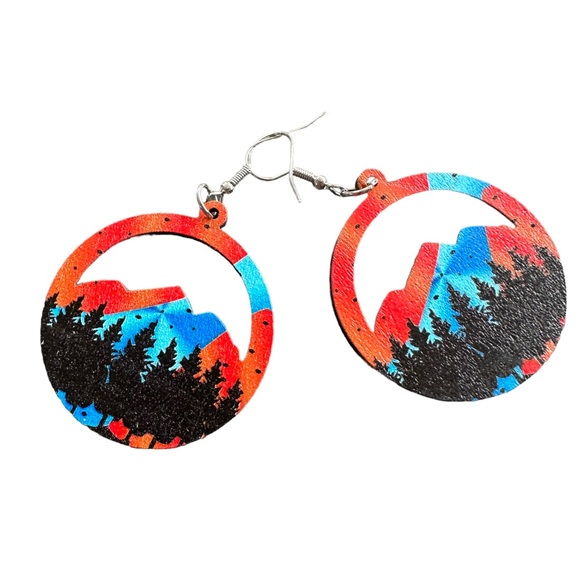 Wooden Red and Blue Mountain Scene Drop Earrings - Picture 3 of 6
